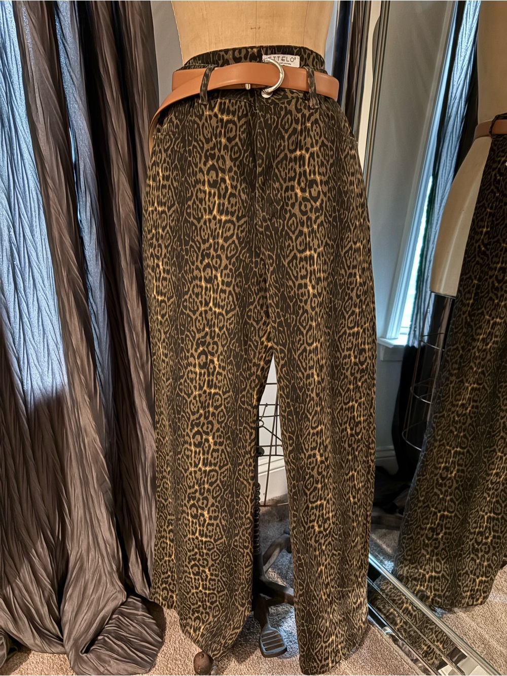 Olive Leopard Print Wide-Leg Pants with Tan Belt